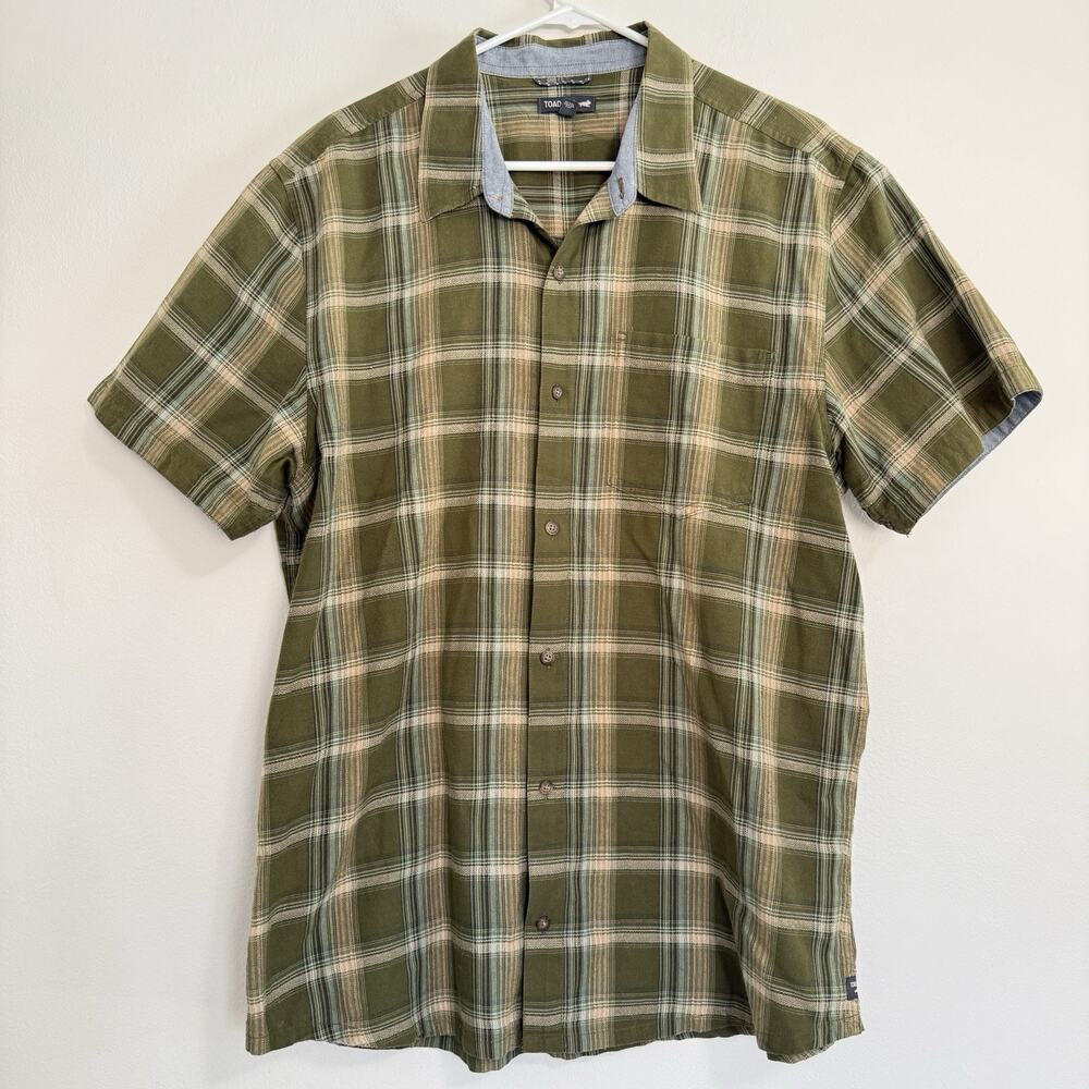 Toad & Co Airscape Shirt Mens XL Green Plaid Organic Cotton Short Sleeve Casual